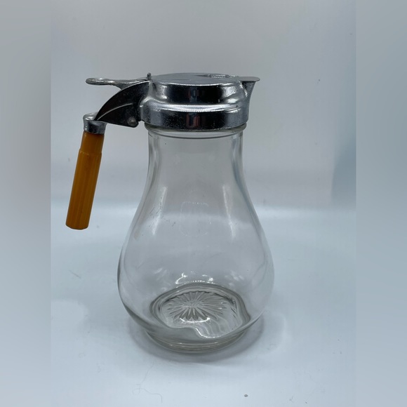 Vintage Syrup Dispenser Green Bakelite Handle & Glass Potbelly Jar - Picture 2 of 3